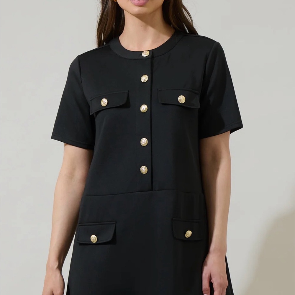 Sugarlips Black Short Sleeve Shift Dress with Gold Buttons